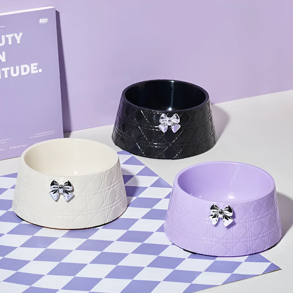 Bowknot diamond pattern pet feeding bowl for cats and small dogs in pink, silver, black, purple or white