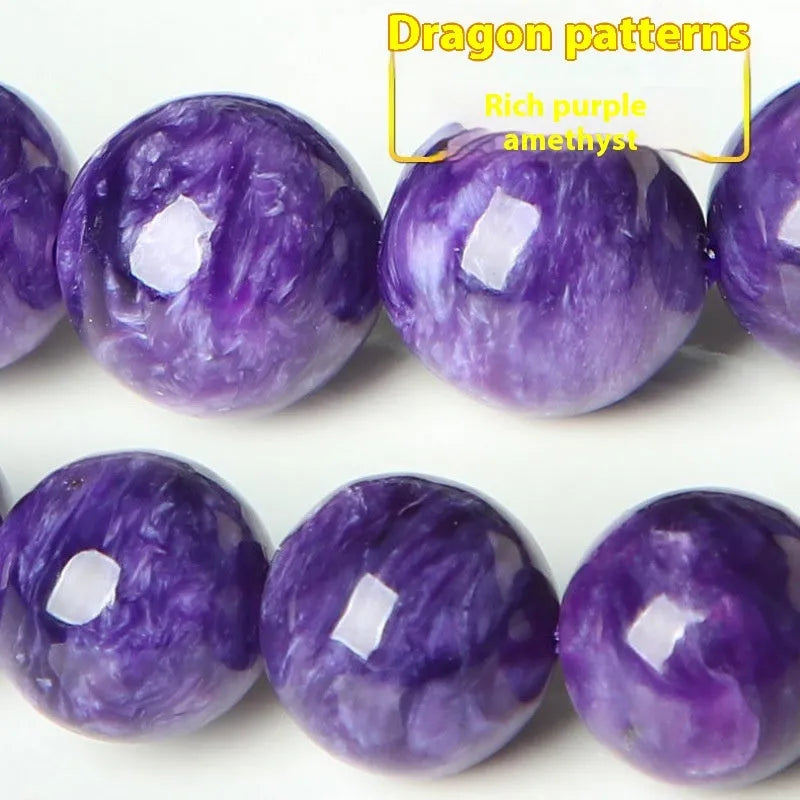 Natural transparent charoite crystal bracelet on platinum-coloured setting, showing different bead size options.