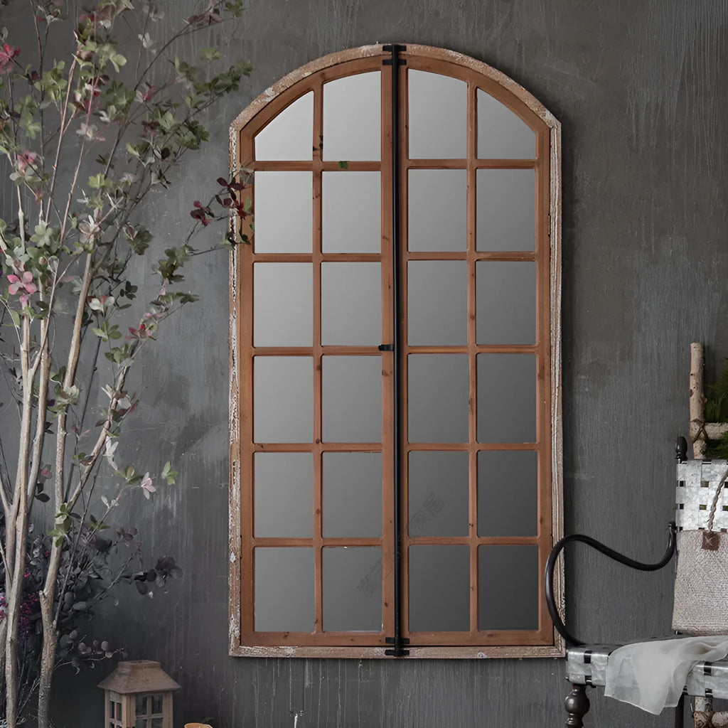 Terrace distressed fake window wall mirror with log colour wooden glass frame and clear mirror panel