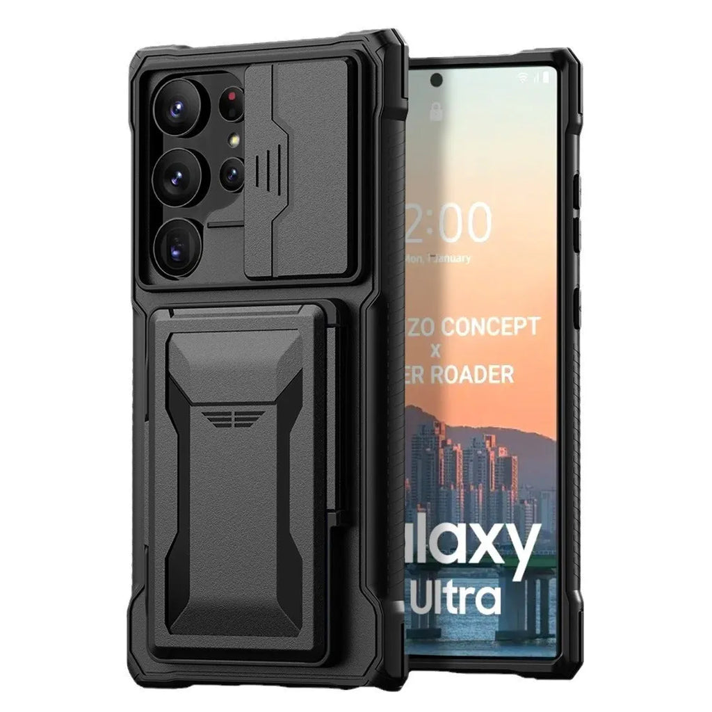 Black S24 Ultra phone case with card holder and sliding bracket