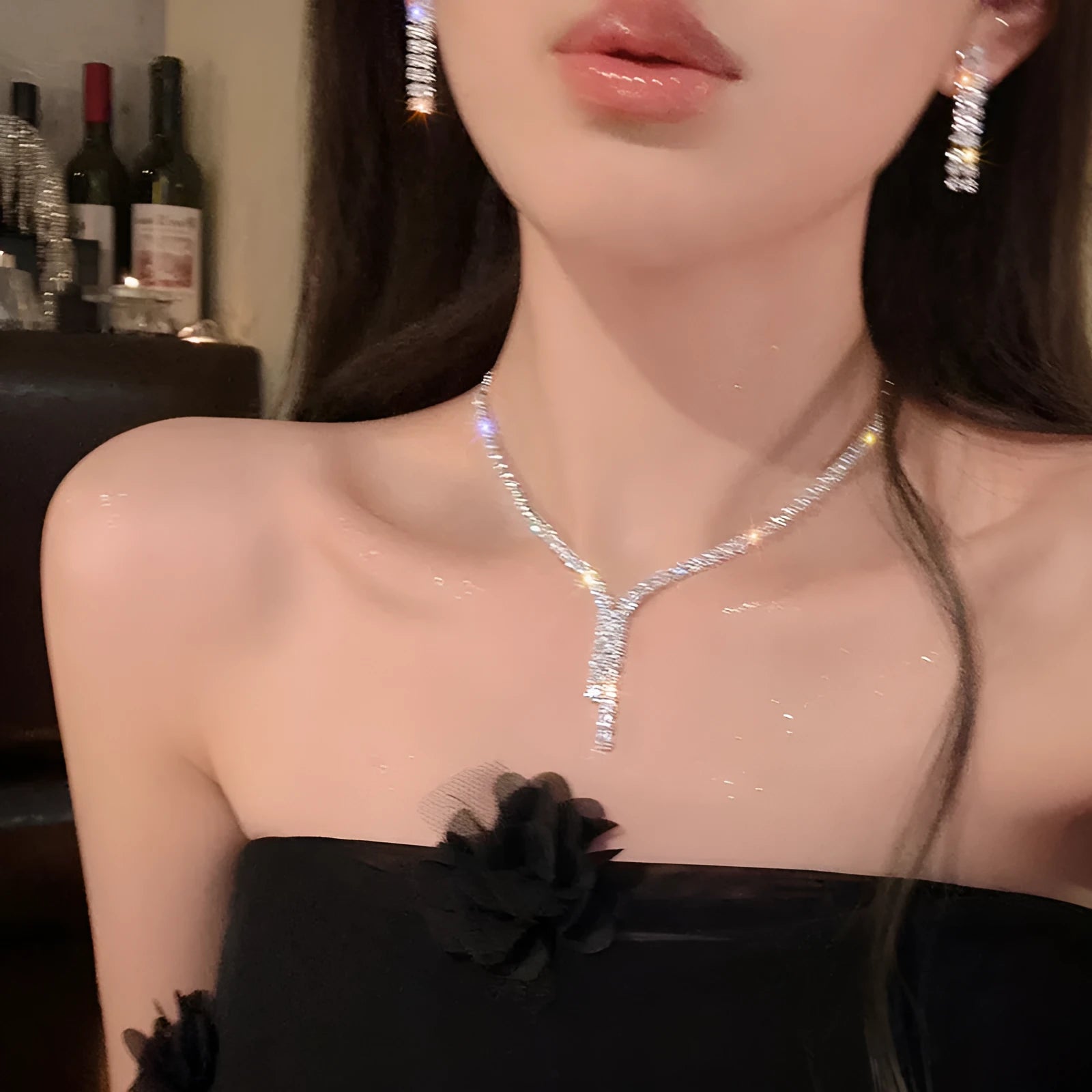 Women's non-fading titanium steel polished geometric earrings and necklace set on a light background