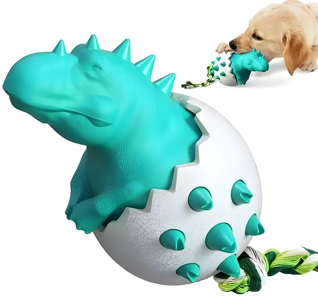 Blue durable rubber dinosaur dog chew toy with a green nylon rope, shown for scale.