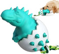 Blue durable rubber dinosaur dog chew toy with a green nylon rope, shown for scale.