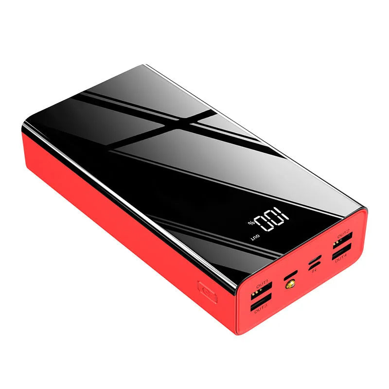 Black and red 40000 mAh power bank showing LCD display screen on front
