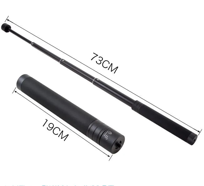 Black retractable aluminium selfie stick with Bluetooth remote, extended as a hand-held stabilizer.