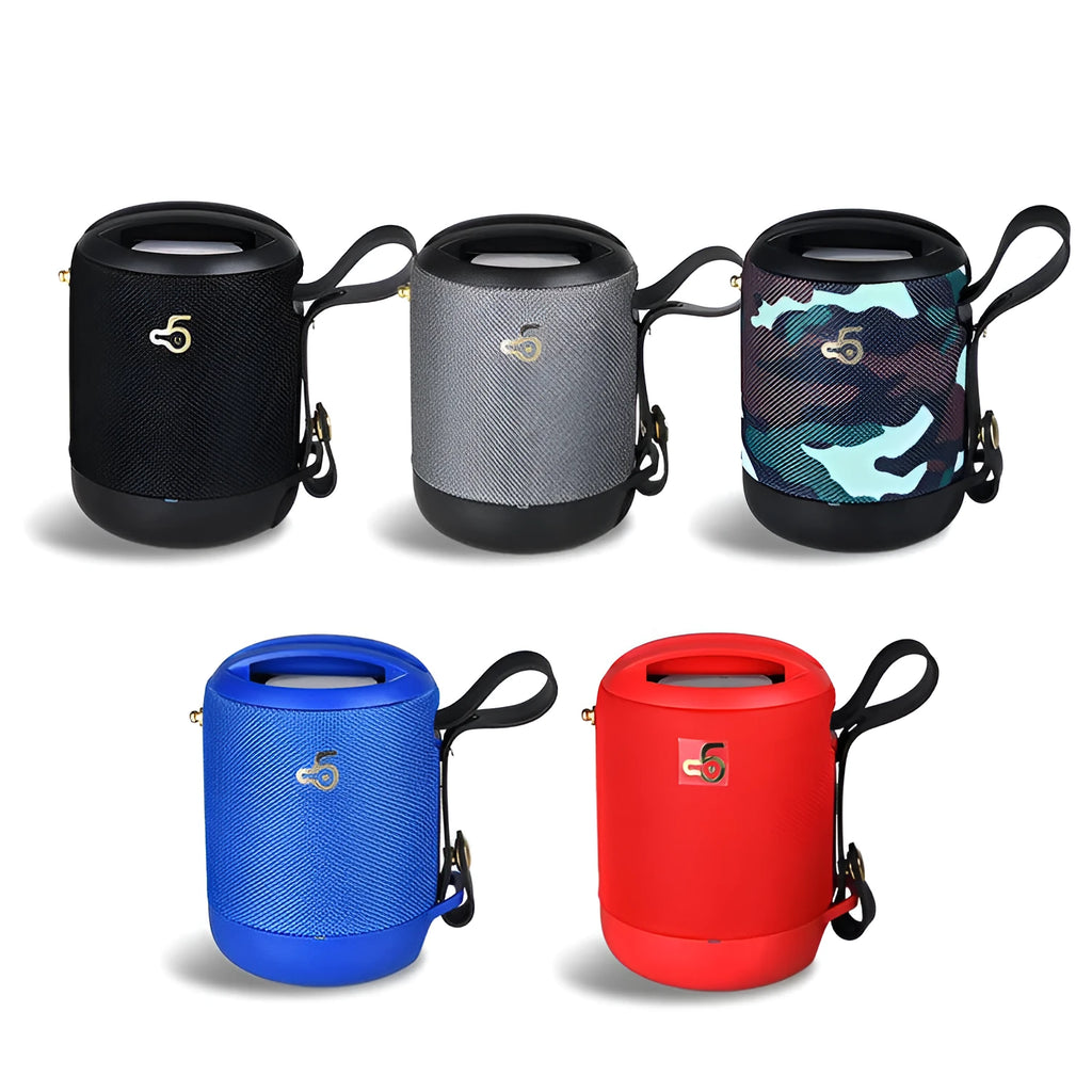 Compact black waterproof Bluetooth speaker with a carry belt, showing control buttons and a leather-style finish.