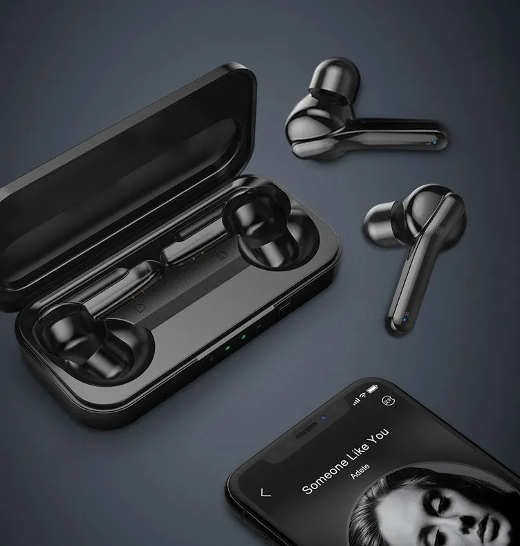 Black and white true wireless earbuds with Bluetooth 5.0 and IPX5 splash resistance.