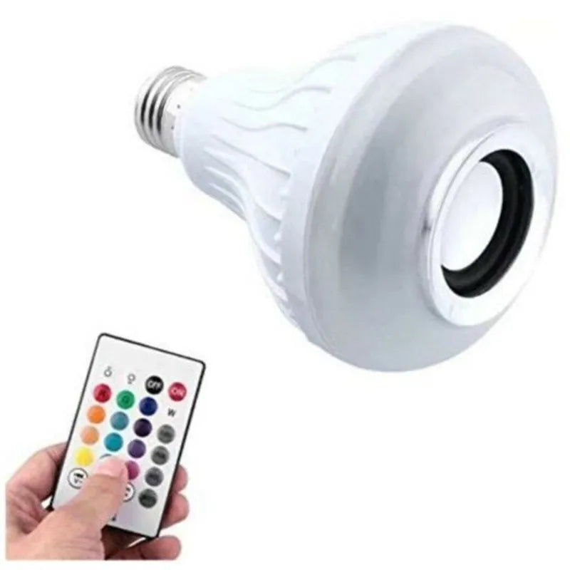 White E27 Bluetooth LED bulb with integrated speaker and remote control for 16-colour RGB lighting