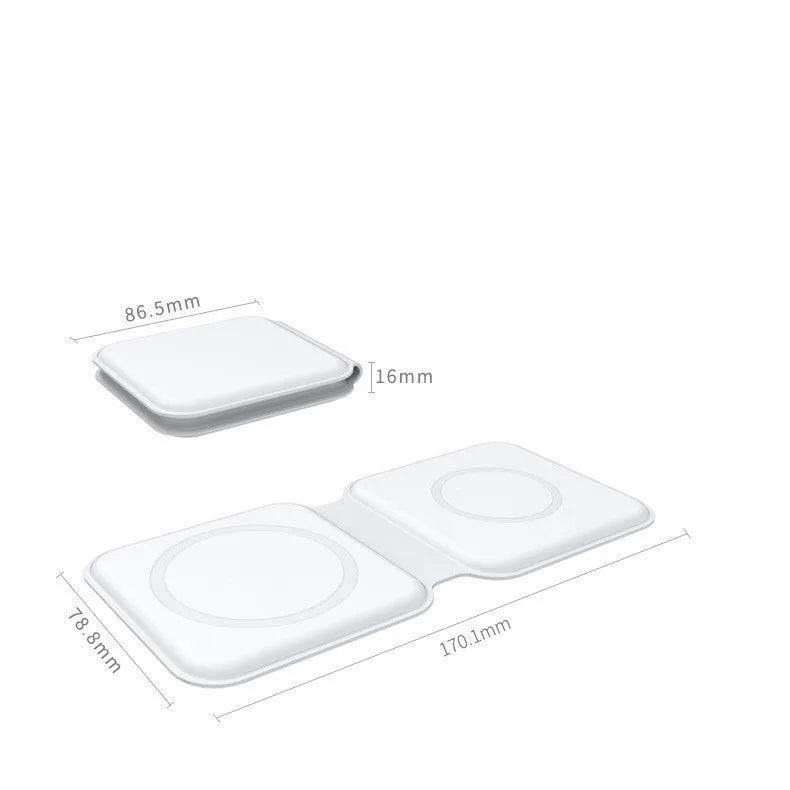 White foldable magnetic wireless charger dock with phone attached, showing angled stand mode.