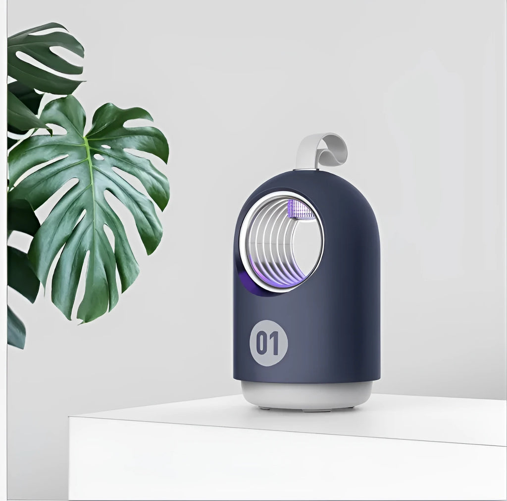 White or blue indoor mosquito killer lamp with UV light, USB port, and a silicone carry handle.