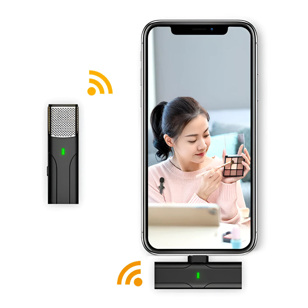 Black wireless lavalier microphone with compact design for mobile phone recording