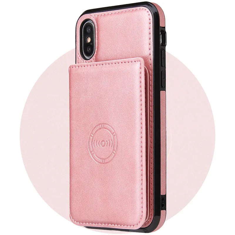Imitation leather card wallet iPhone case showing card slots and available colour options
