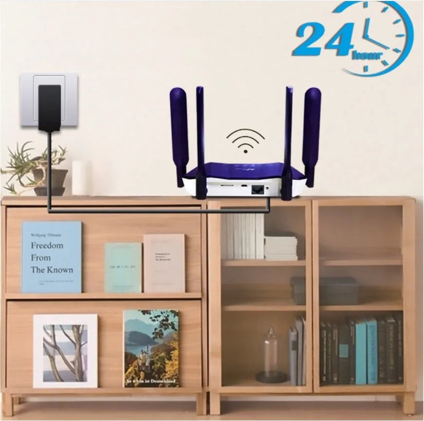 Blue 4G dual-mode wireless router with four external antennas on a desk.