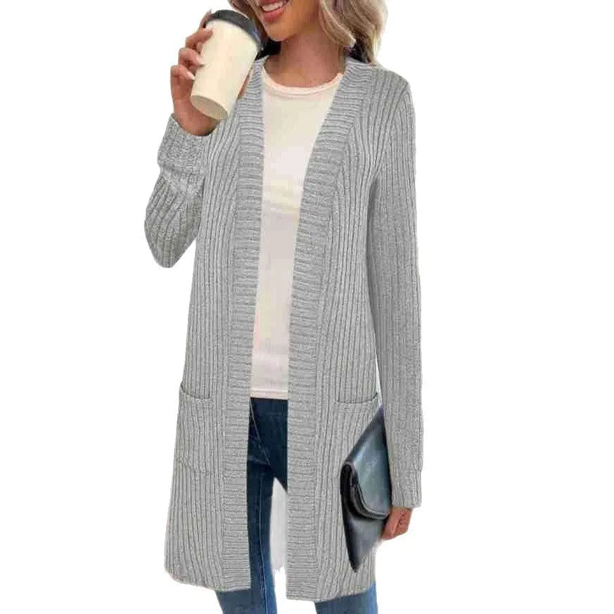 A loose-fitting long sleeve cardigan jacket with pockets, shown in black, wine red, and grey colour options.