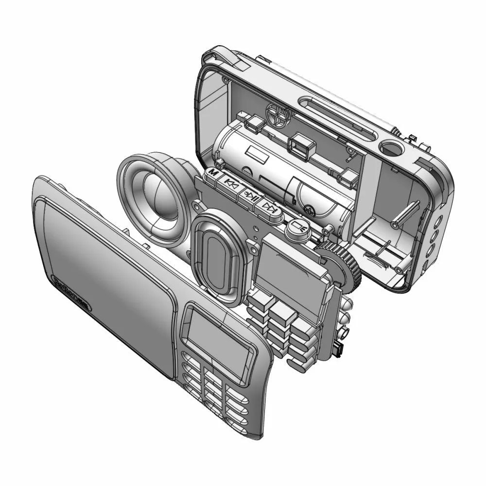Golden Rolton W405 portable FM radio and MP3 speaker with LED display on a textured surface.
