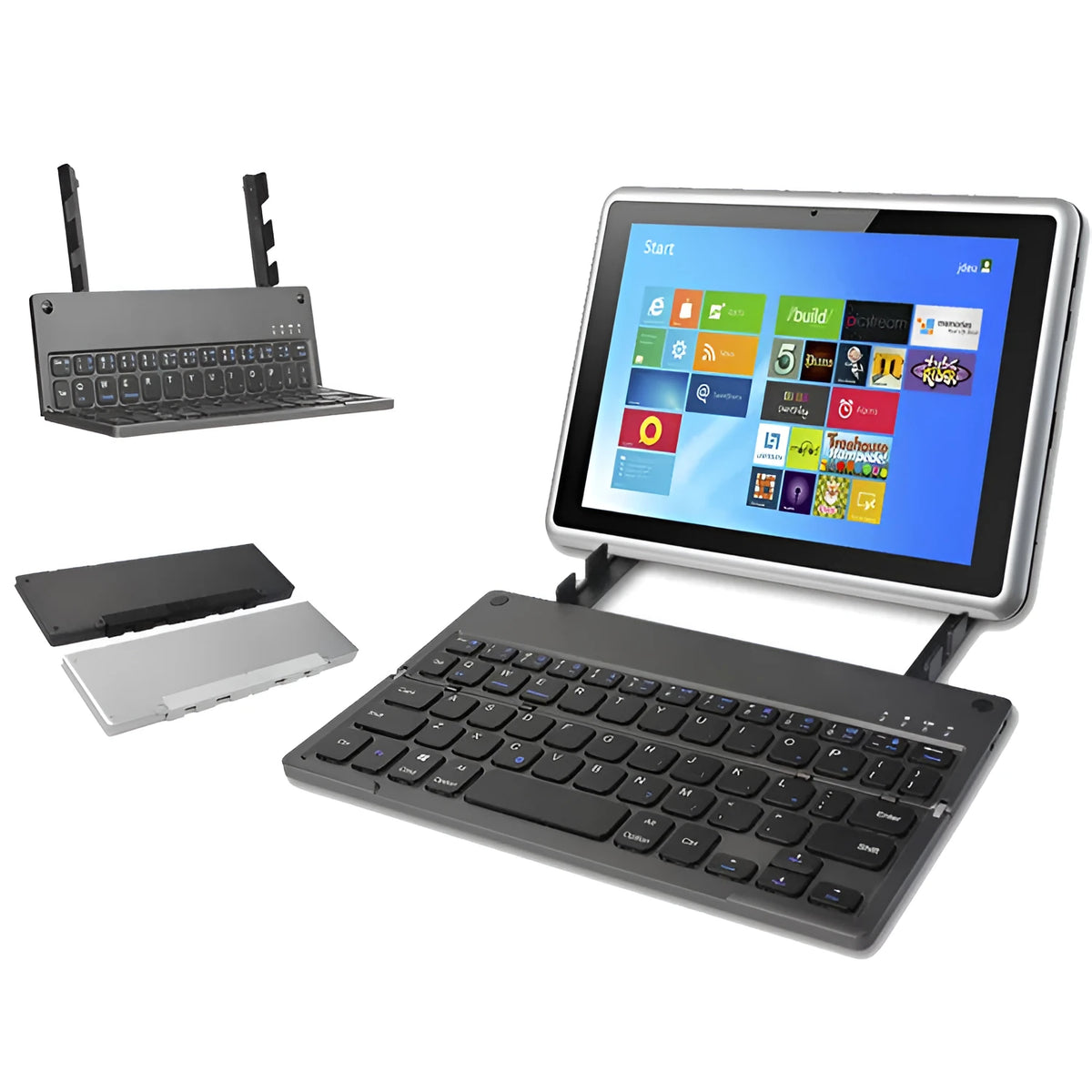Folding Bluetooth keyboard with hidden bracket, touch-sensitive keys, rechargeable battery, Black or Silver