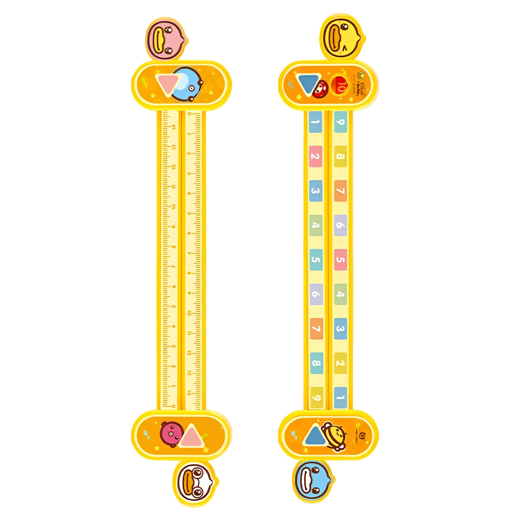 Yellow plastic cartoon digital decomposition ruler for children, showing 24.5 cm length.