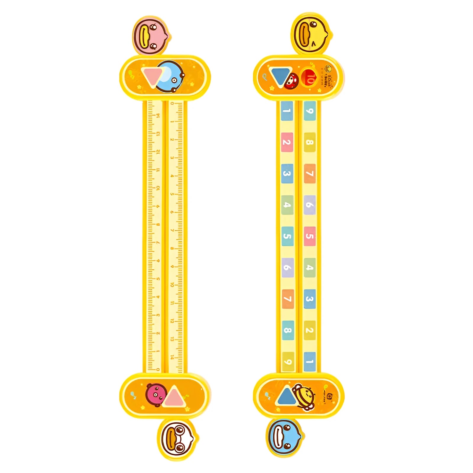 Yellow plastic cartoon digital decomposition ruler for children, showing 24.5 cm length.