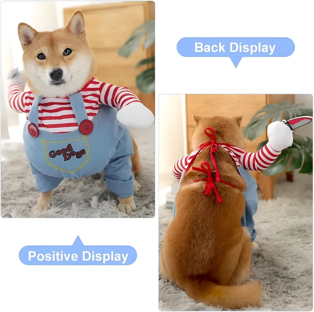 Striped Halloween costume harness pants set for dogs and cats with plastic knife accessory