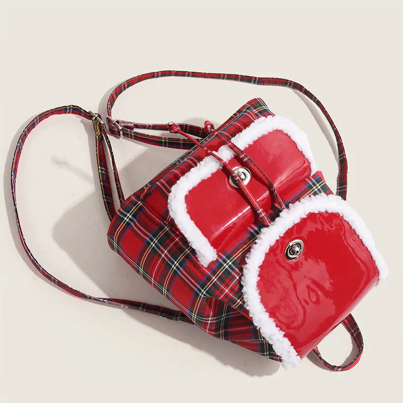 Red plaid lamb wool textured lightweight commuting handbag with stitching and PU leather finish