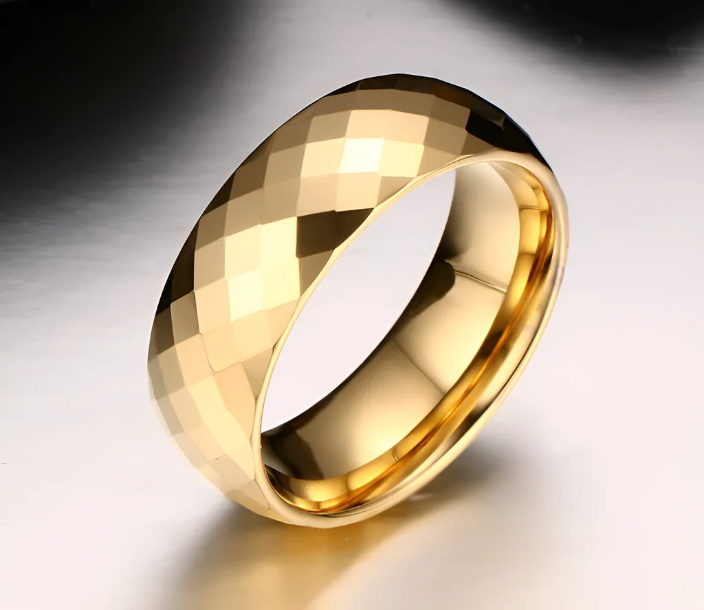 Men's tungsten steel ring in gold colour, available in sizes 7 to 13, shown on a neutral background