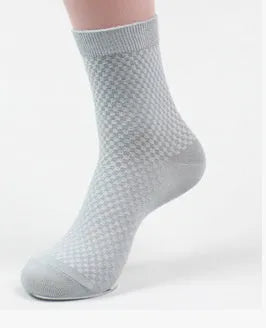Men's bamboo fibre business socks in a small square pattern, shown in silver grey colour.