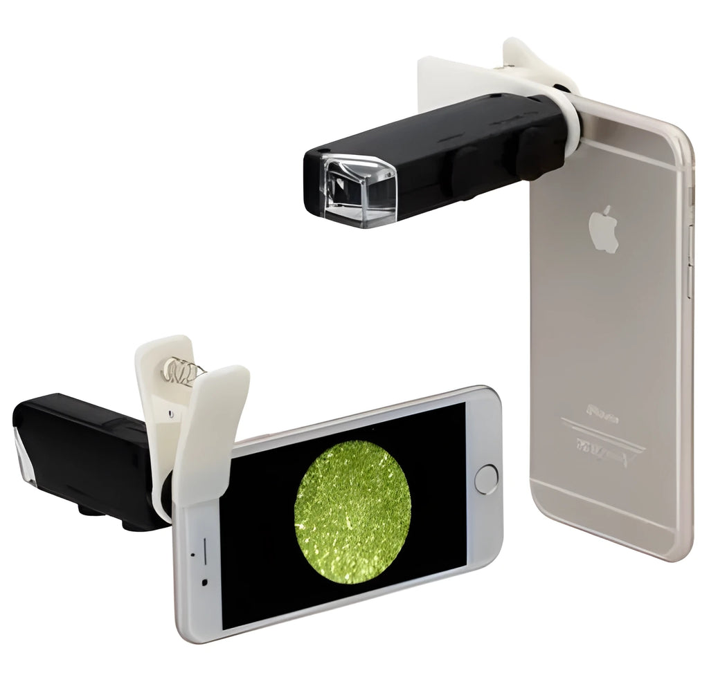 60-100X clip-on phone microscope magnifier with LED and UV light, universal clip and ABS anti-scratch lens