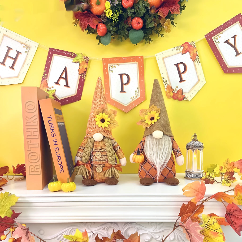 Harvest festival autumn pumpkin faceless doll in braid style with mixed fabric and plastic construction
