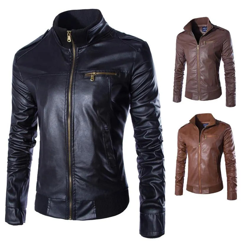 Men's artificial leather motorcycle jacket in black with polyester lining and front zip