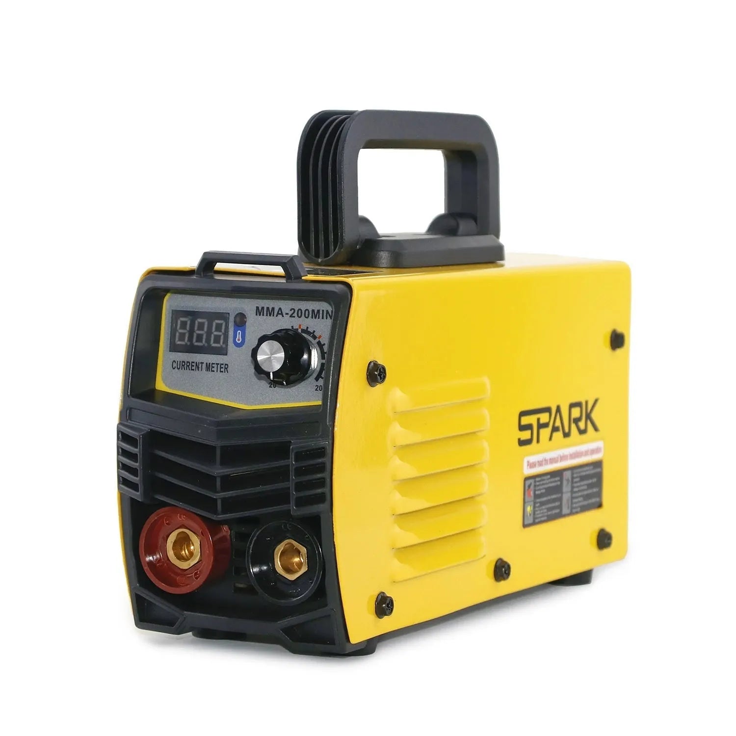 MMA-200MIN compact DC inverter welding machine with red housing, welding tongs, ground clamp, and face shield on a workbench.