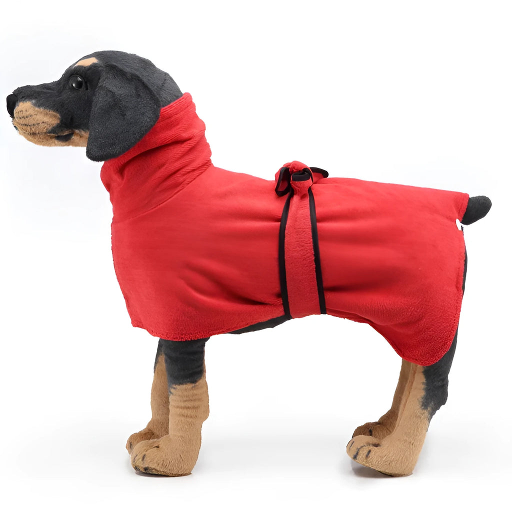 Strong absorbent dog towel pet bathrobe with adjustable belt and Velcro neckline, sizes XS to XL