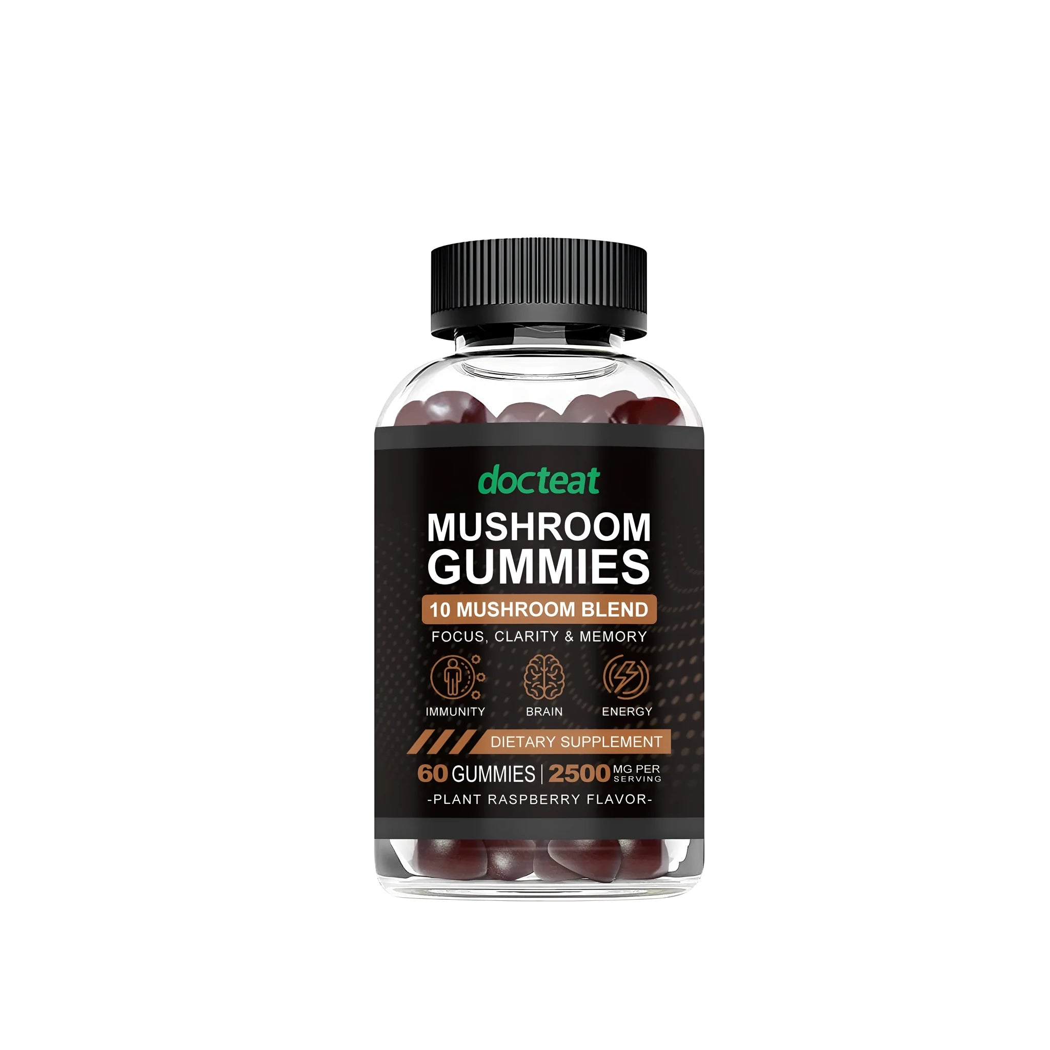Mushroom gummies 60-count soft candies in a PET container, white background