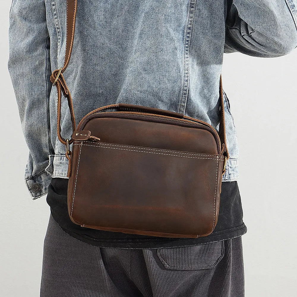 Top layer cowhide leather single-shoulder crossbody bag for men, solid colour Brown 209, retro style