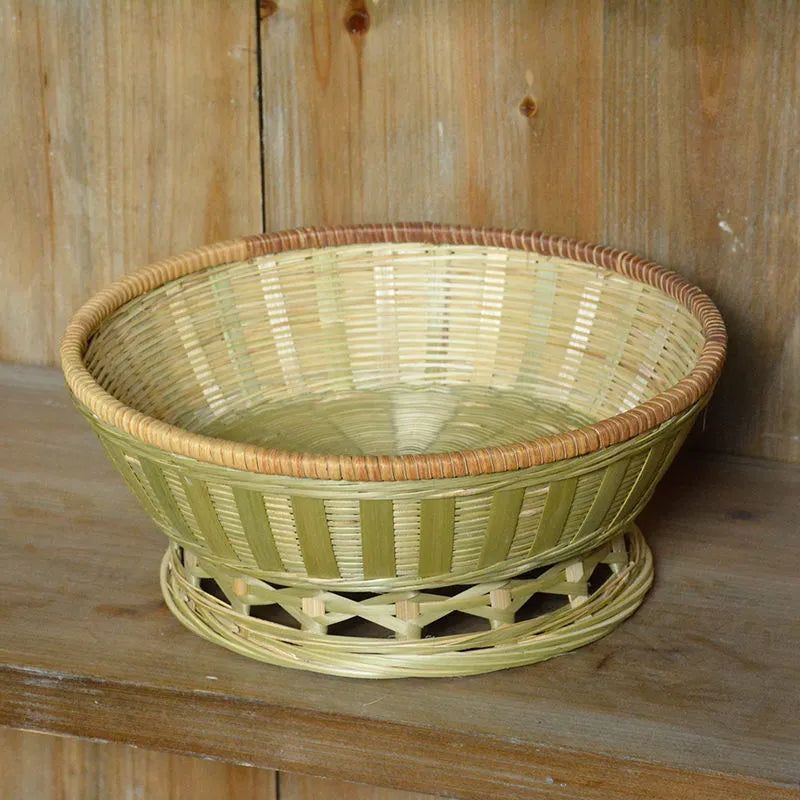 Handmade natural bamboo storage basket with woven sides in three dimension options