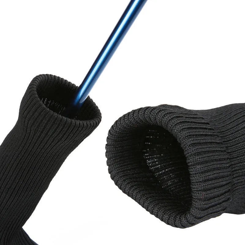 Set of six fabric golf club covers in black, blue, red, and two-tone stripes for driver and fairway wood protection