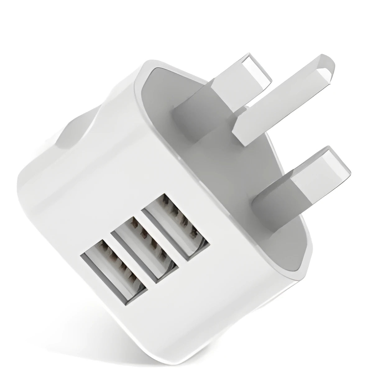 White UK plug USB travel charger with three USB ports, 4.5 cm cube, ABS plastic, for Apple iPhone