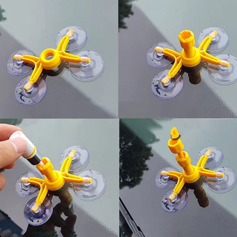 Car windscreen repair kit with vacuum air removal, injection sealing head, and repair fluid, 22x11x3cm plastic and rubber tool set