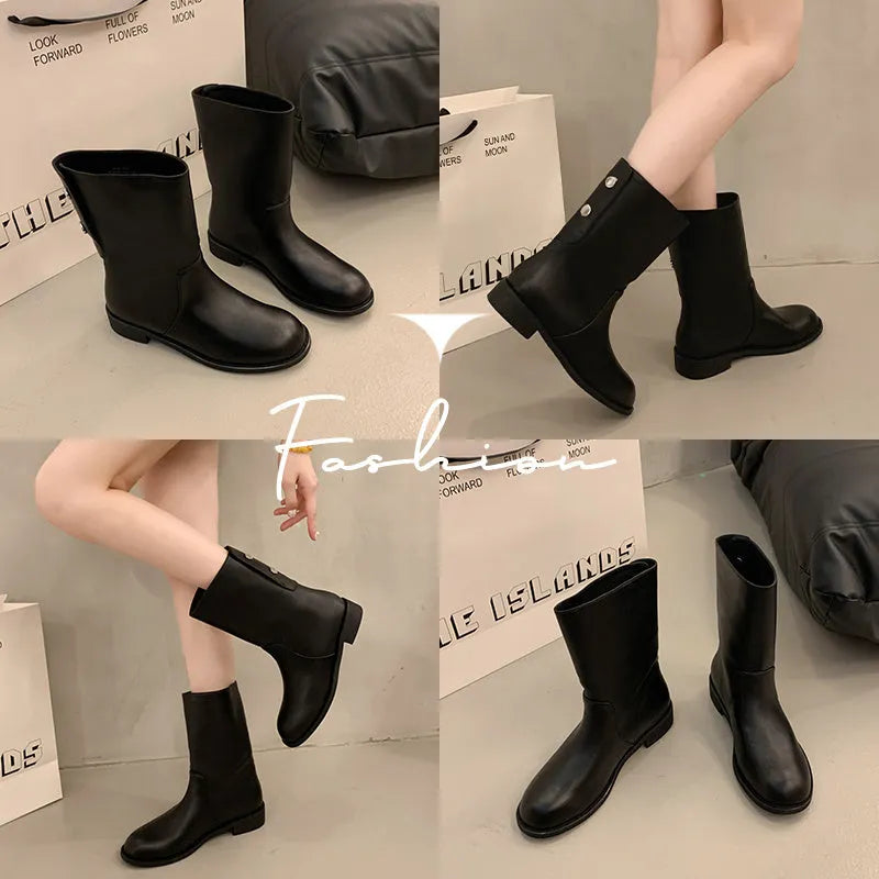 Women's black leather mid-calf platform boots with silver stud details on a white background
