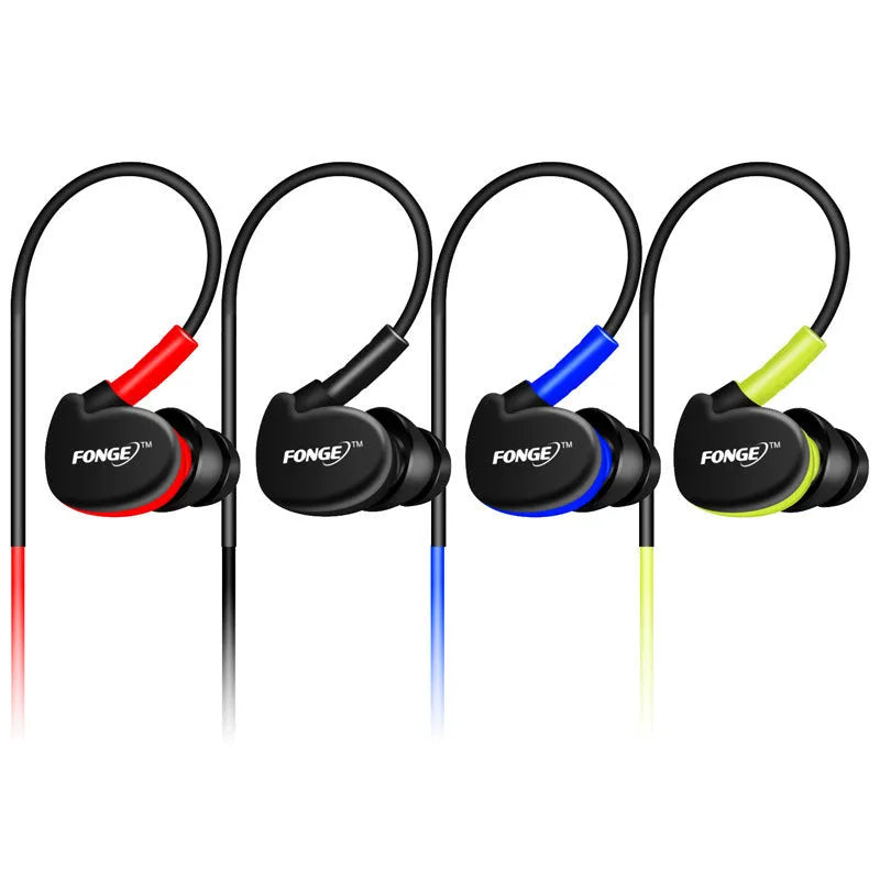 Ear-hook wired sports headset with microphone and 3.5mm plug, black colour, on white background