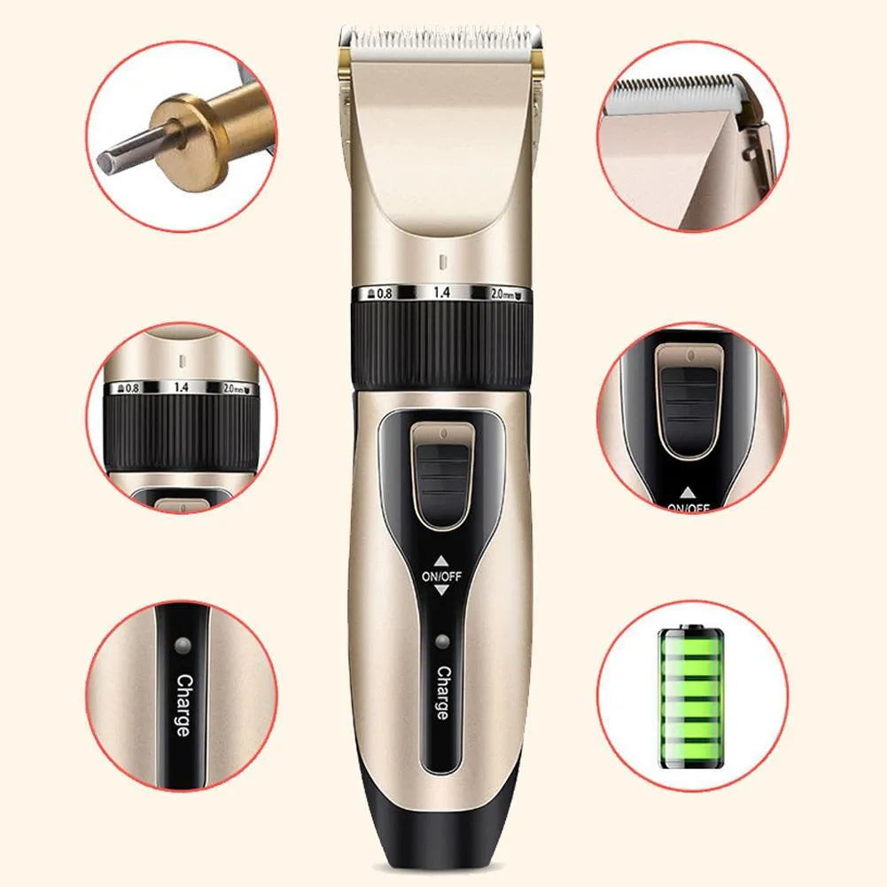 Golden professional cordless pet grooming clipper kit with ceramic titanium blade, four guide combs, nail clippers, and file on a table