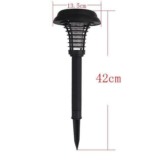 Black solar-powered insect control lawn lamp with white and UV purple LEDs, standing 42cm tall.