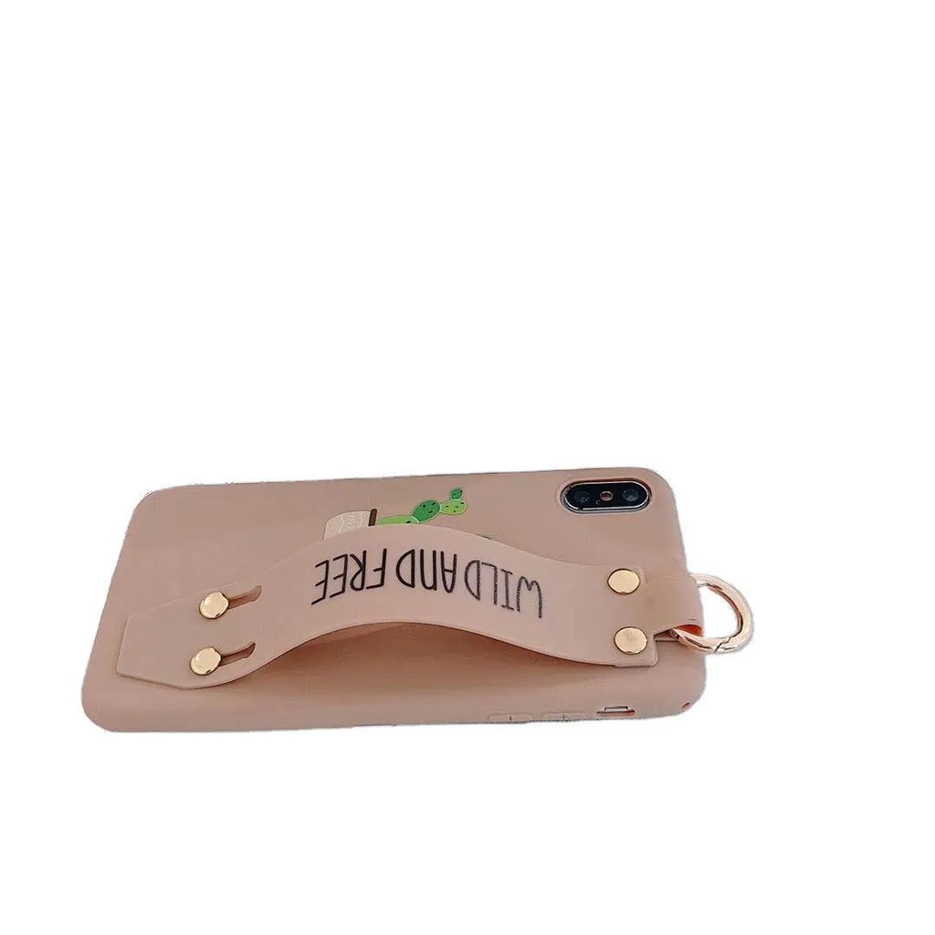 Green graffiti design wristband holder phone case for iPhone shown from the back.