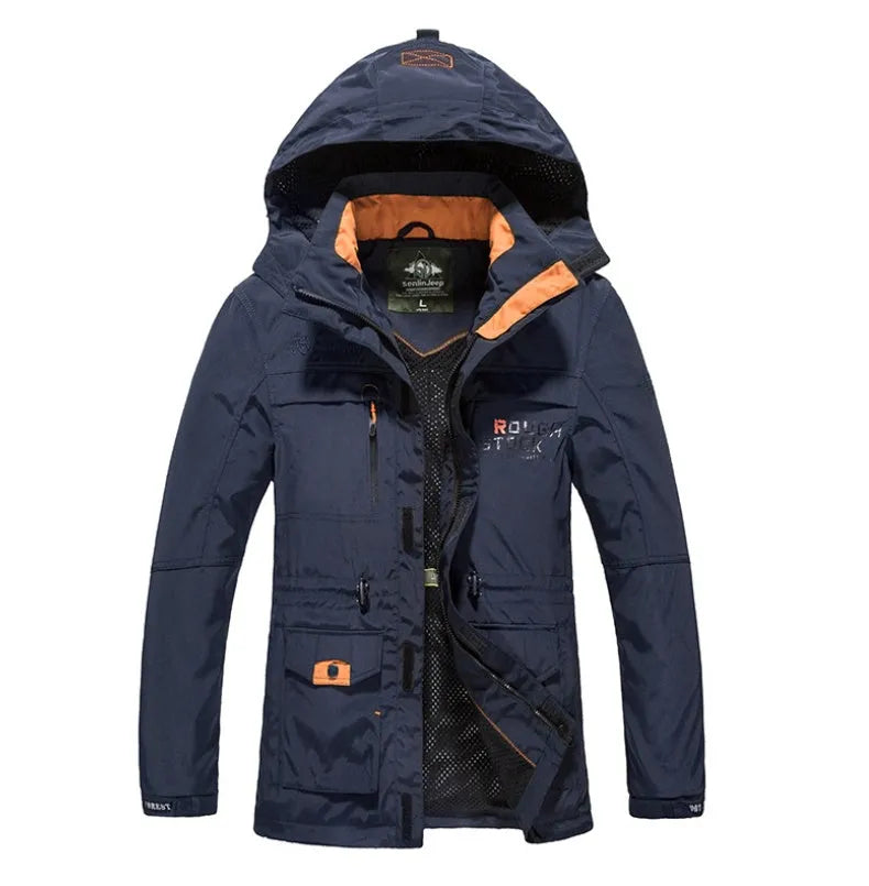 Men's spring thin jacket with hood and stand collar in black, waterproof nylon shell, available in sizes M to 4XL