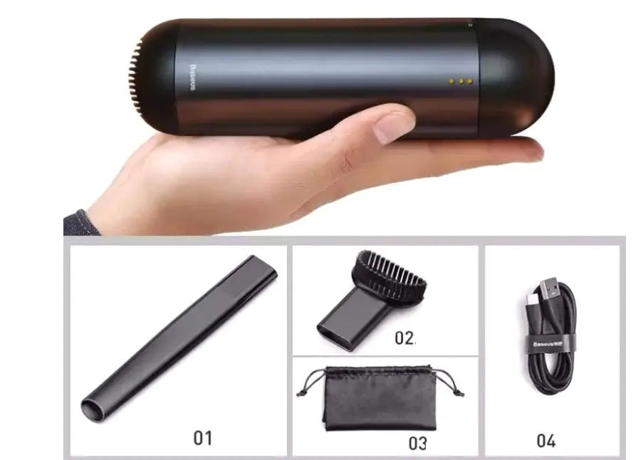 Wireless portable mini car vacuum cleaner in aluminium alloy and ABS plastic, black colour