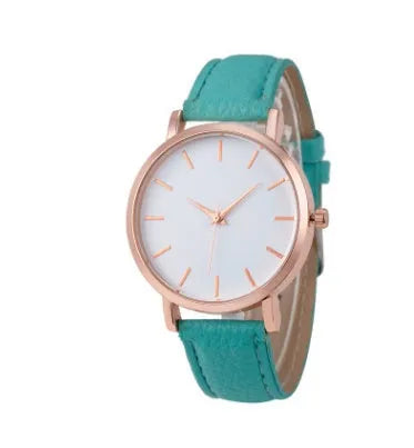 Square quartz watch with PU leather strap and alloy case in a selection of colours on a white background.