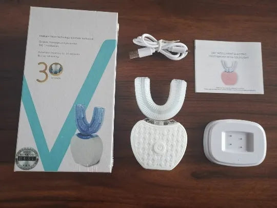 360° automatic electric toothbrush with U-type head, food grade silicone bristles, IPX7 waterproof, USB charging, available in blue