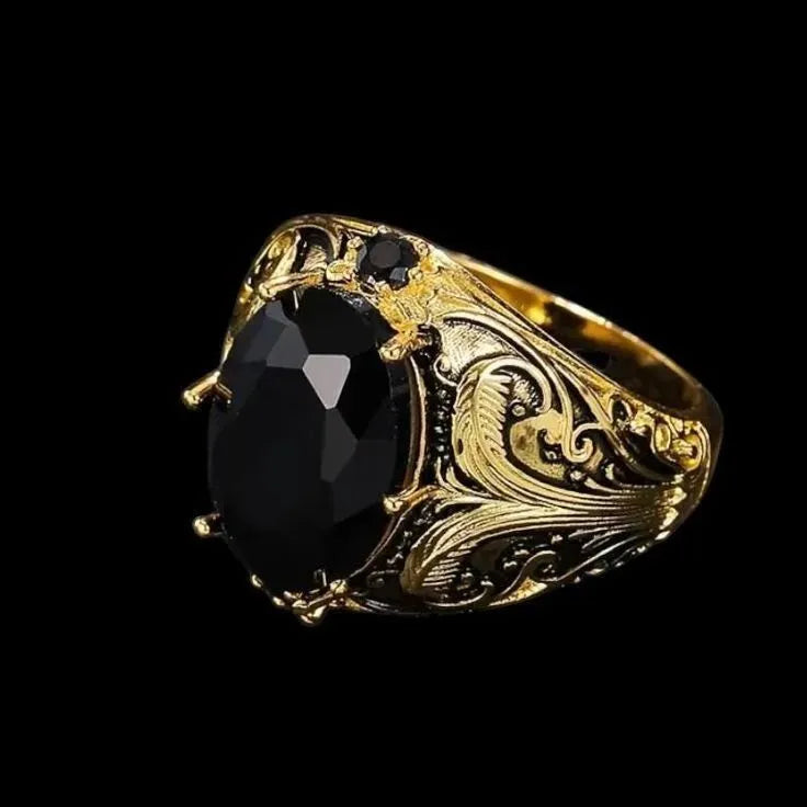 Men's wide face ring with geometric pattern and imitation ink colour gem ornament in silver tone