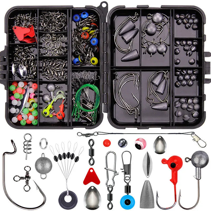 Weihe orange or black ABS plastic box open to show organised compartments filled with 257 fishing hooks and lure accessories.