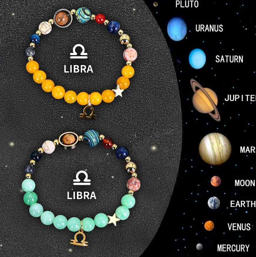 Two natural stone bead bracelets showing zodiac symbols on adjustable straps
