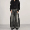 Men's denim straight leg jeans in black and gray washed finish with zip fly
